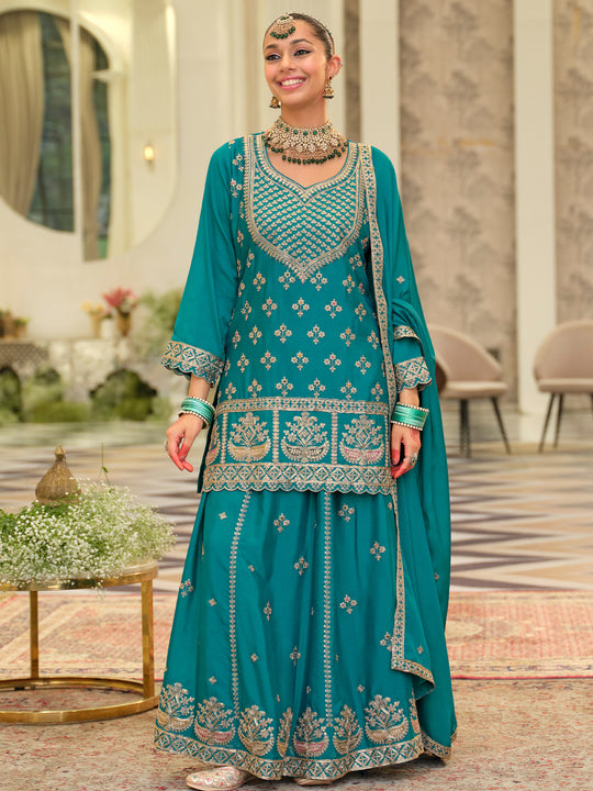 Turquoise Blue Embroidered Chinon Straight Kurta Skirt With Dupatta