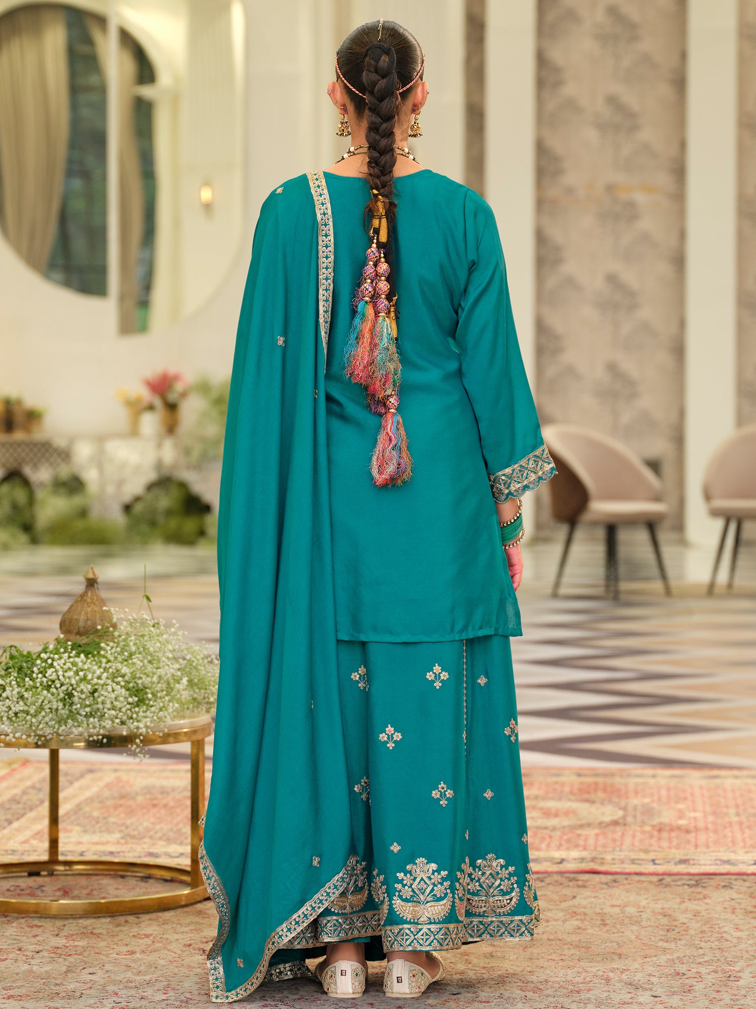 Turquoise Blue Embroidered Chinon Straight Kurta Skirt With Dupatta