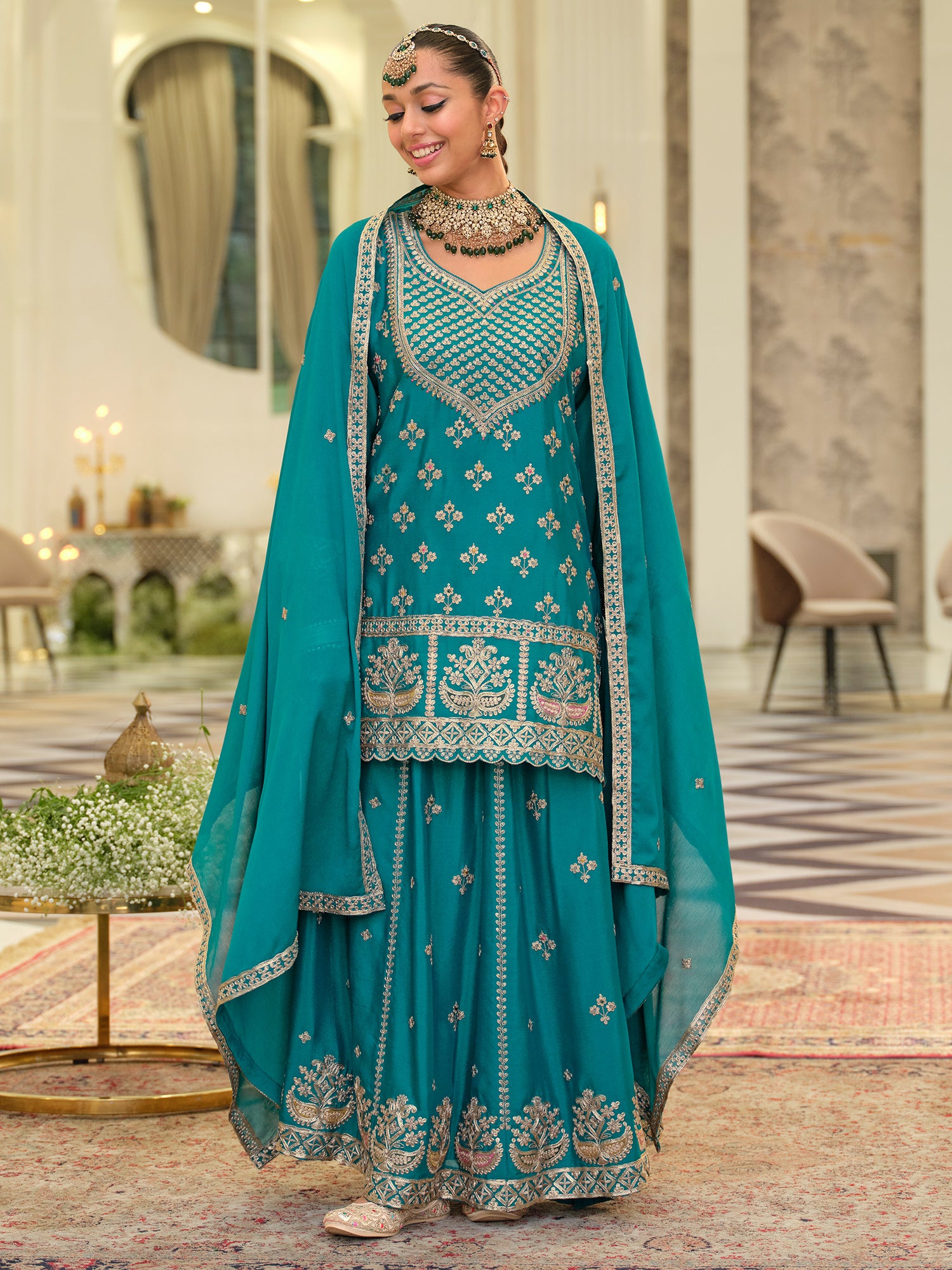 Turquoise Blue Embroidered Chinon Straight Kurta Skirt With Dupatta