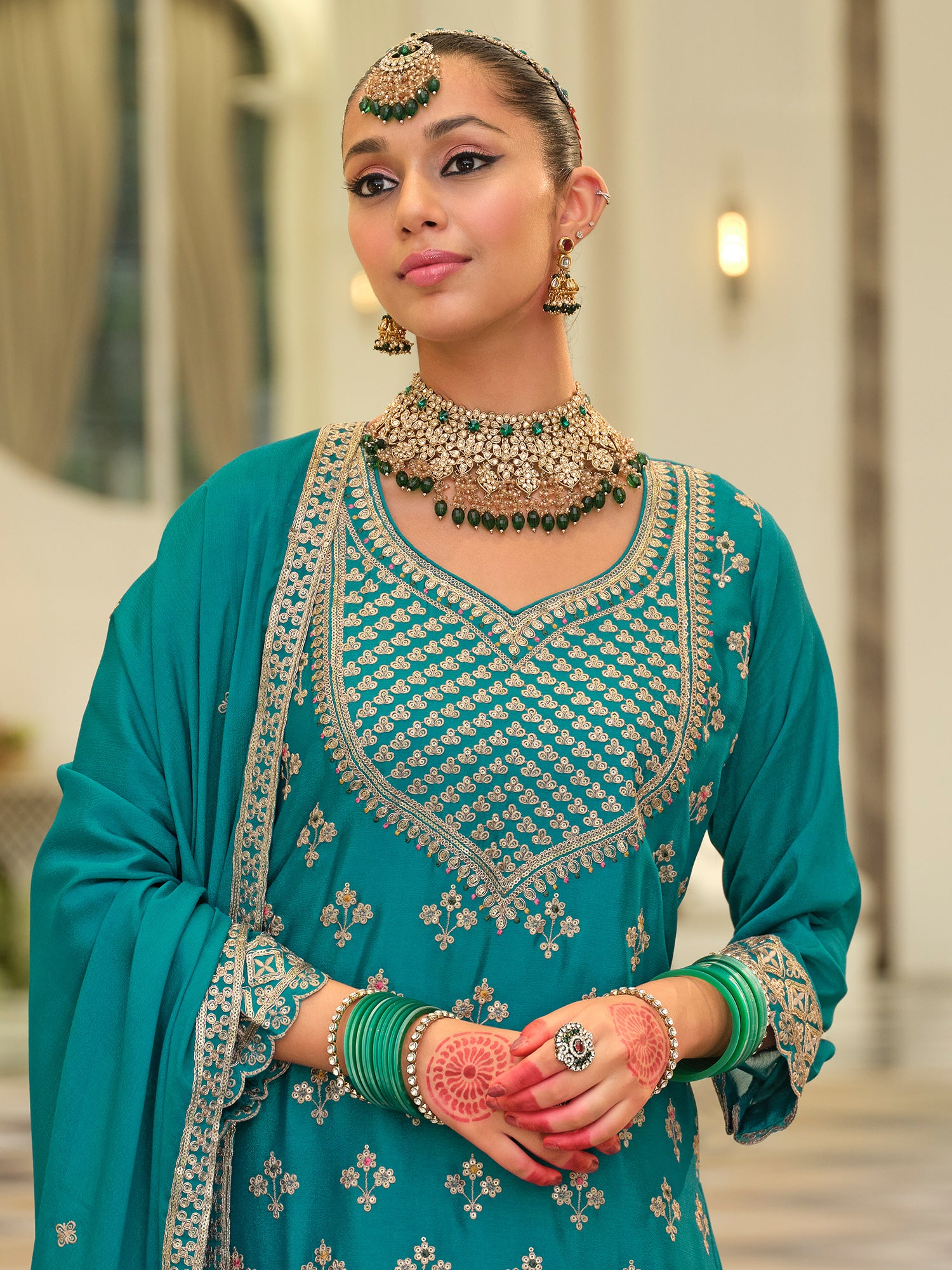 Turquoise Blue Embroidered Chinon Straight Kurta Skirt With Dupatta