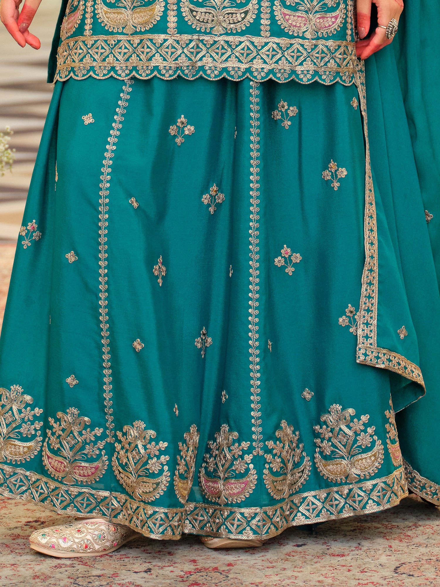 Turquoise Blue Embroidered Chinon Straight Kurta Skirt With Dupatta