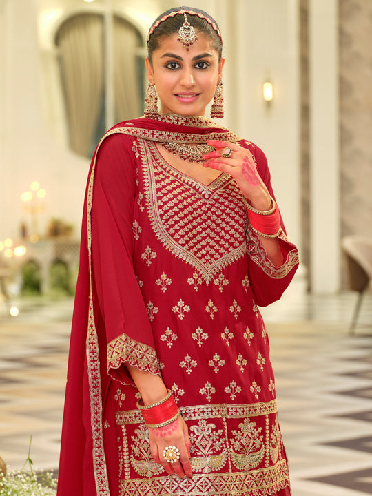 Red Embroidered Chinon Straight Kurta Skirt With Dupatta