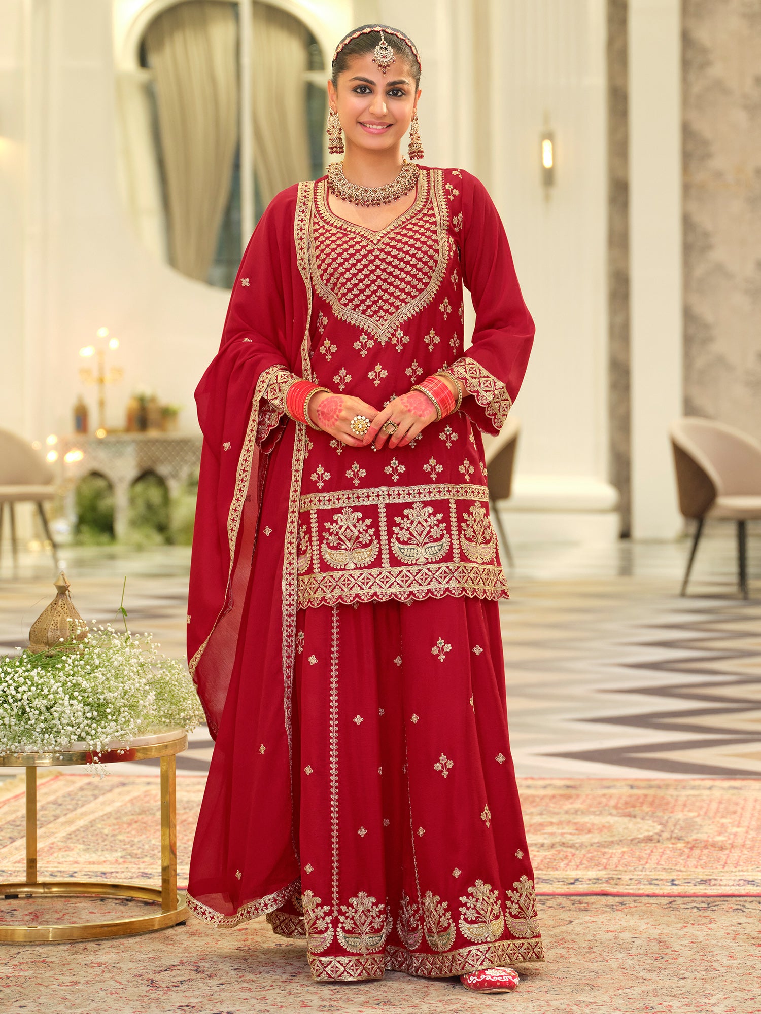 Red Embroidered Chinon Straight Kurta Skirt With Dupatta