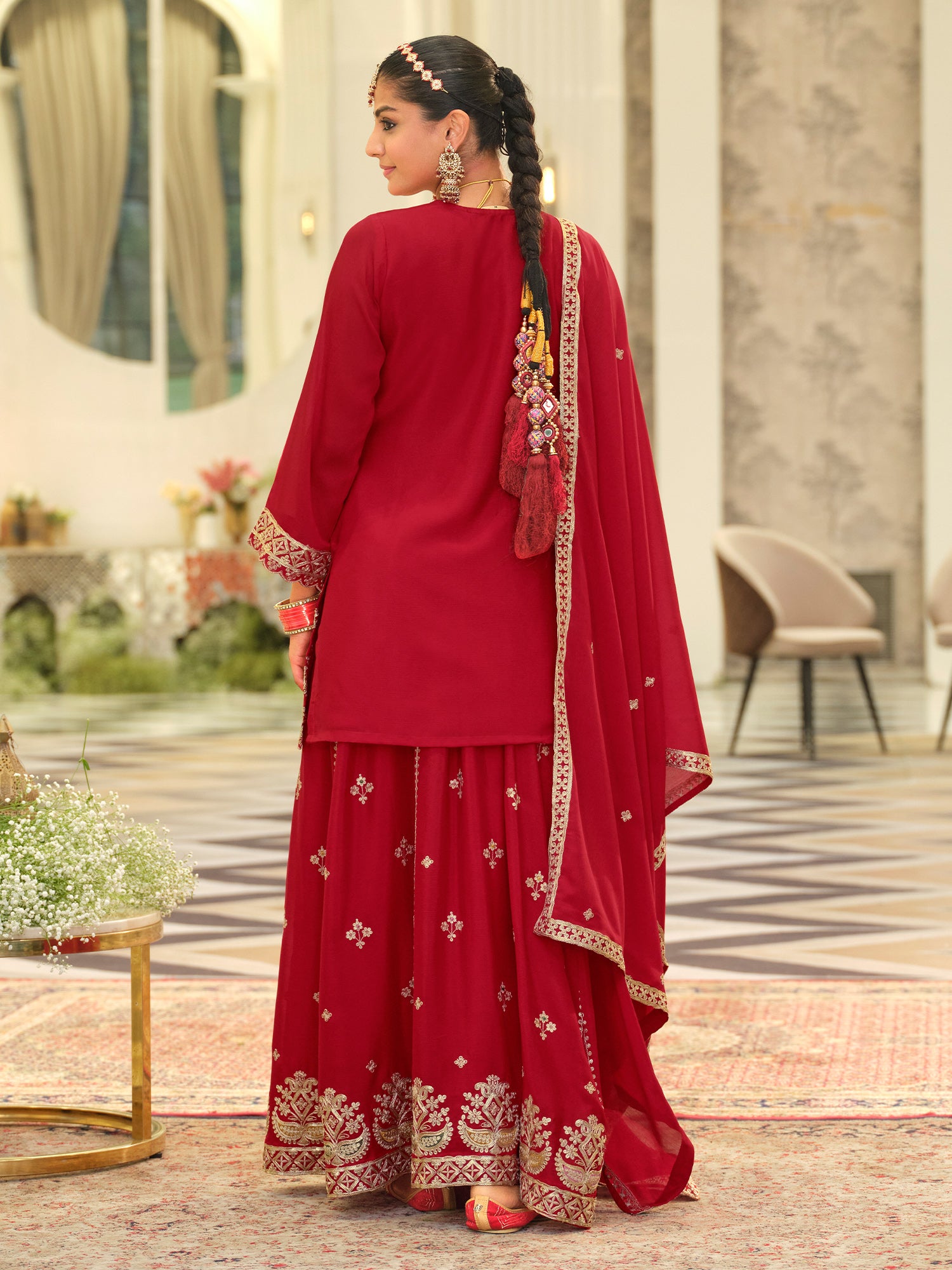 Red Embroidered Chinon Straight Kurta Skirt With Dupatta