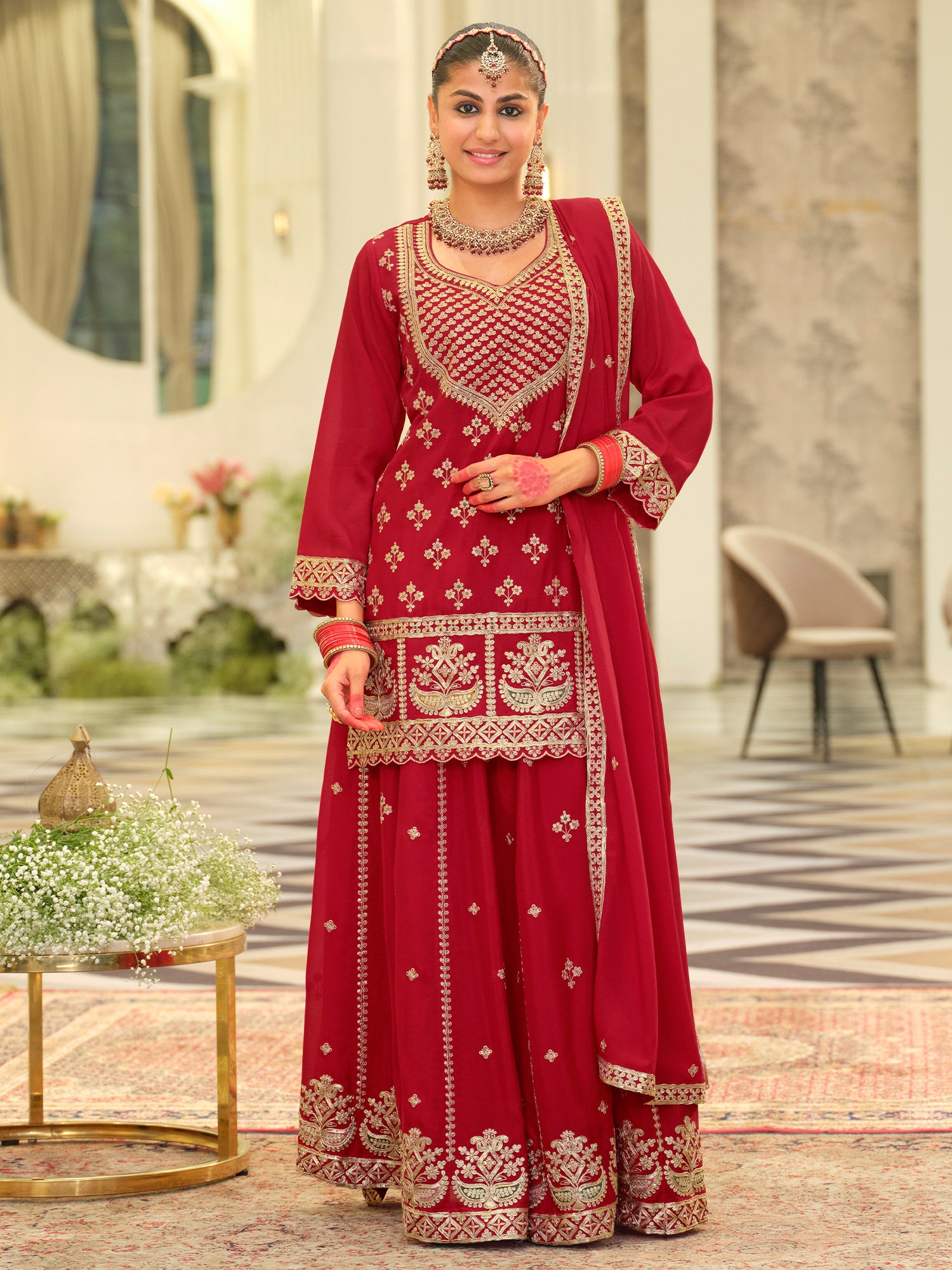 Red Embroidered Chinon Straight Kurta Skirt With Dupatta
