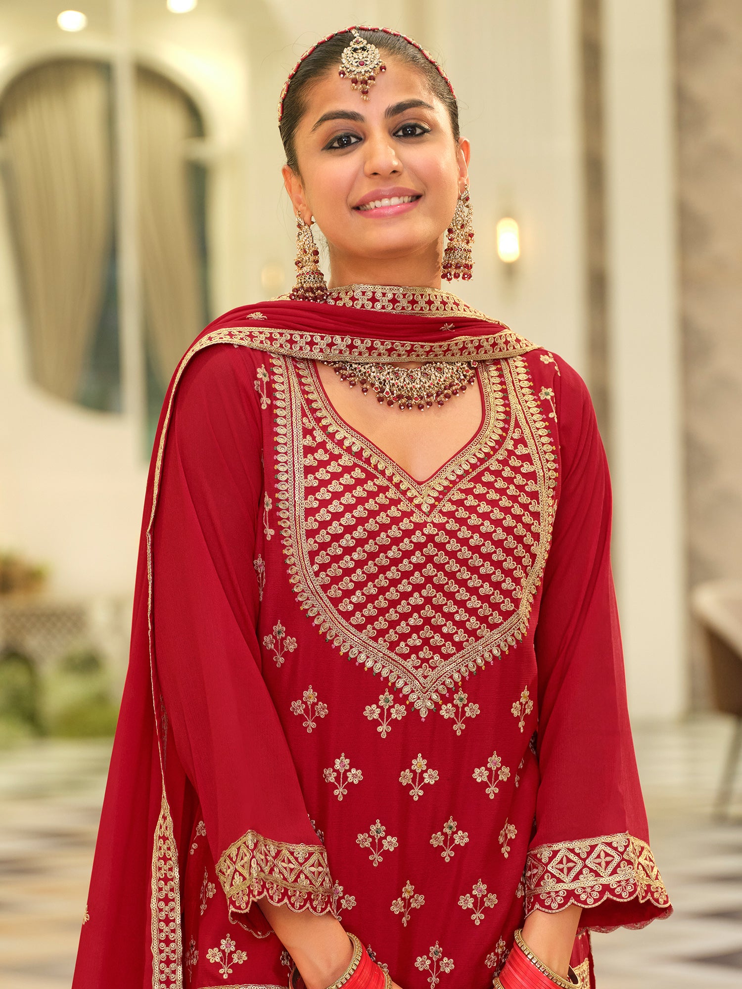 Red Embroidered Chinon Straight Kurta Skirt With Dupatta