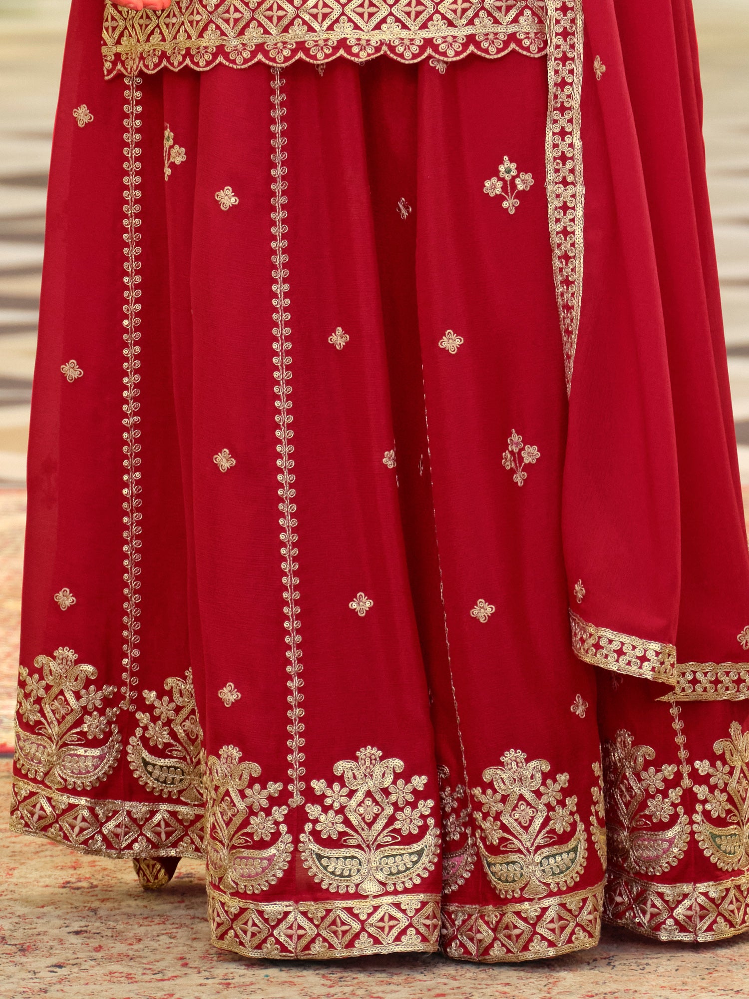Red Embroidered Chinon Straight Kurta Skirt With Dupatta