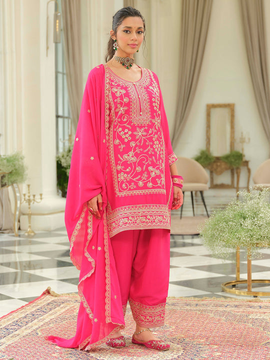 Pink Embroidered Chinon Straight Kurta Patiala With Dupatta