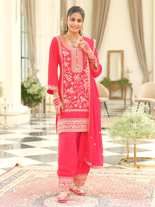 Red Embroidered Chinon Straight Kurta Patiala With Dupatta