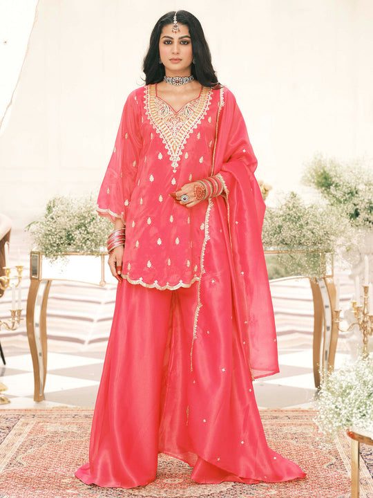 Pink Embroidered Silk Blend A-Line Kurta Palazzos With Dupatta