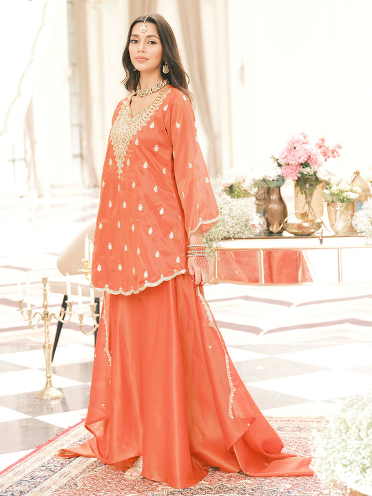 Orange Embroidered Silk Blend A-Line Kurta Palazzos With Dupatta