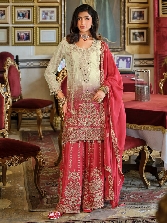 Multi Embroidered Silk Blend Straight Kurta Palazzos With Dupatta