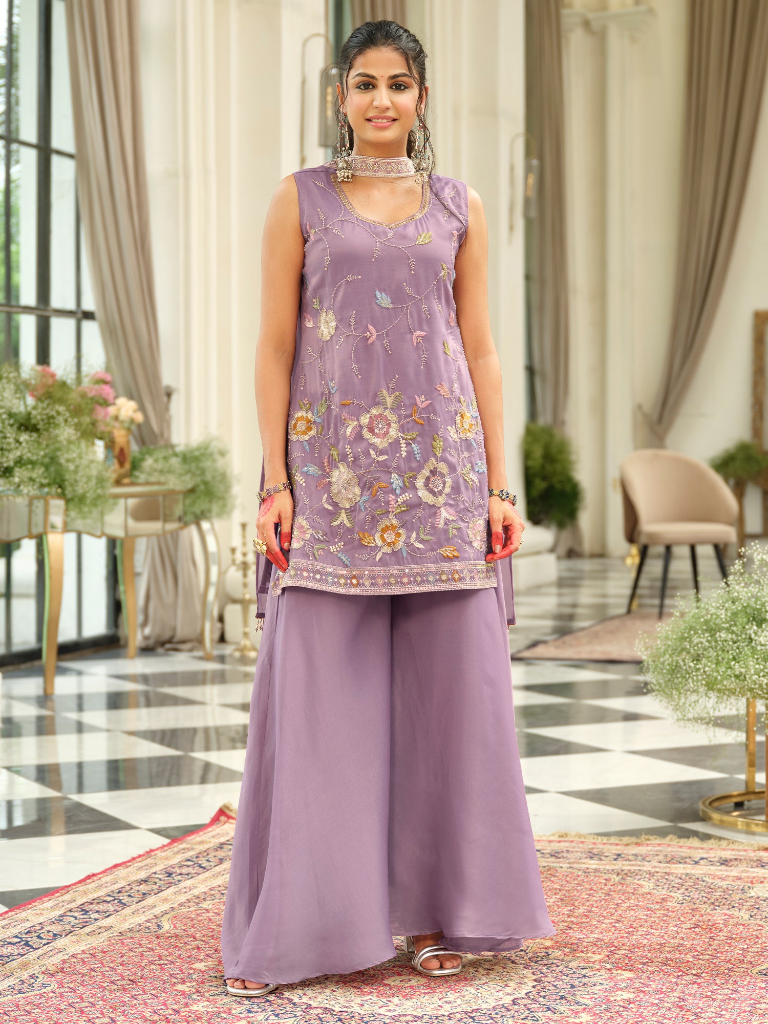 Lavender Embroidered Silk Blend Straight Kurta Palazzos With Dupatta