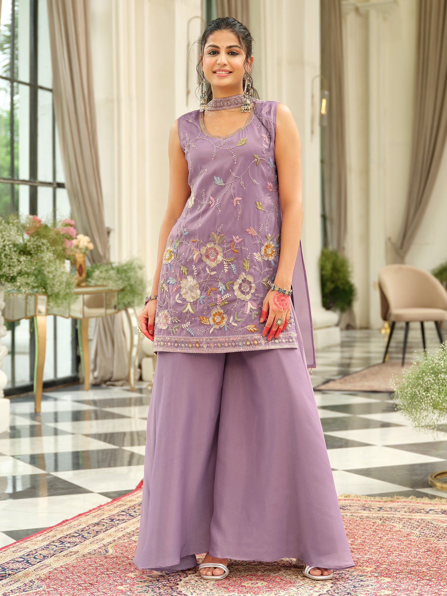 Lavender Embroidered Silk Blend Straight Kurta Palazzos With Dupatta