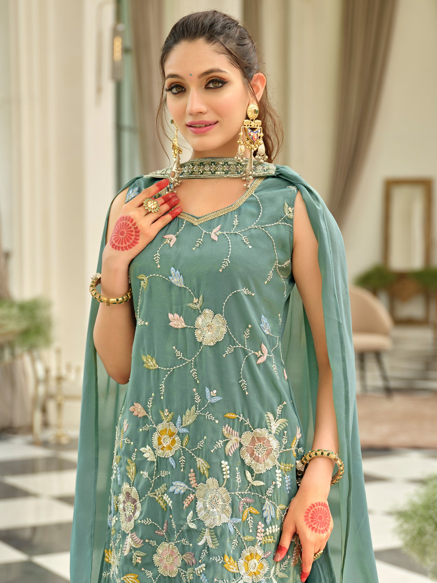 Sea Green Embroidered Silk Blend Straight Kurta Palazzos With Dupatta