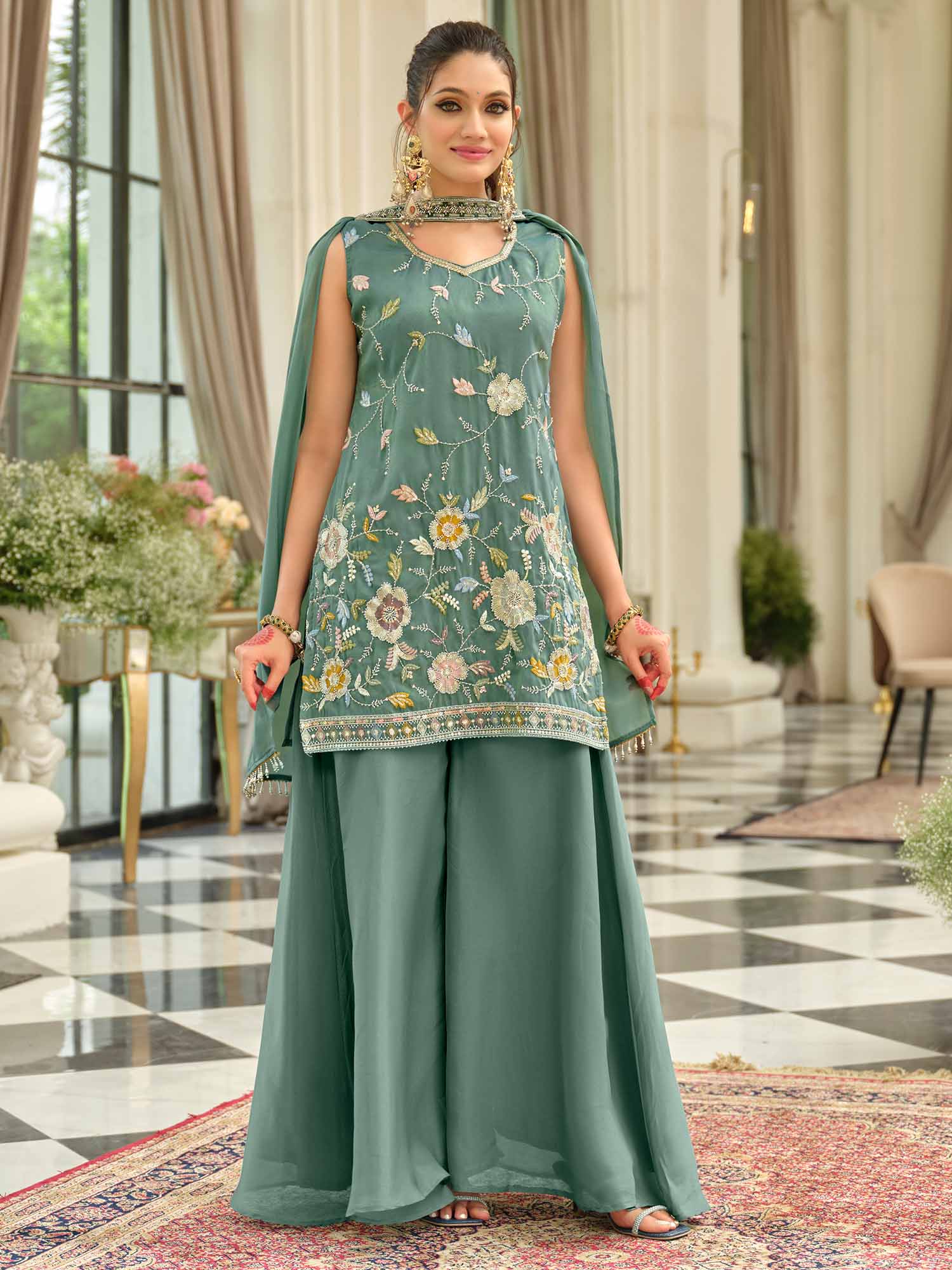 Sea Green Embroidered Silk Blend Straight Kurta Palazzos With Dupatta