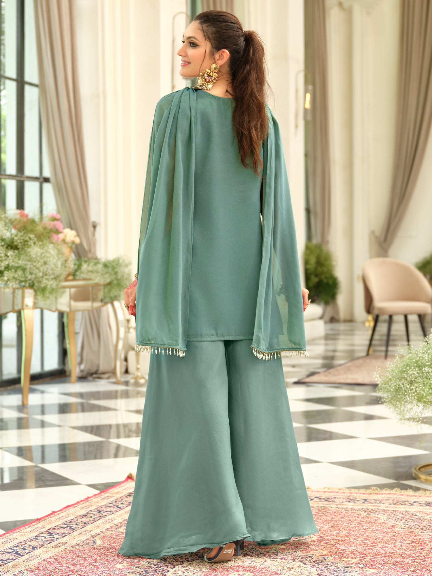 Sea Green Embroidered Silk Blend Straight Kurta Palazzos With Dupatta