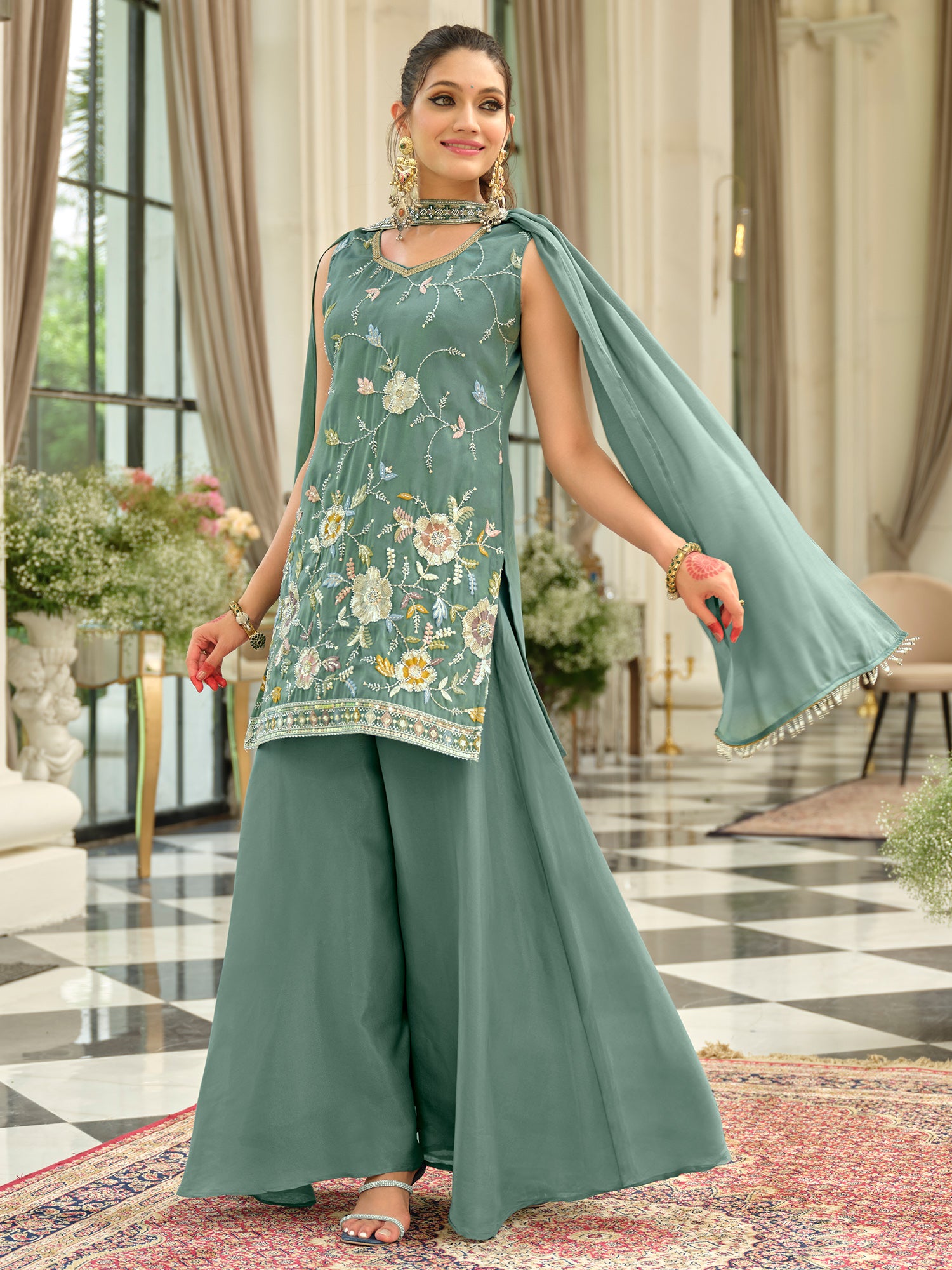 Sea Green Embroidered Silk Blend Straight Kurta Palazzos With Dupatta