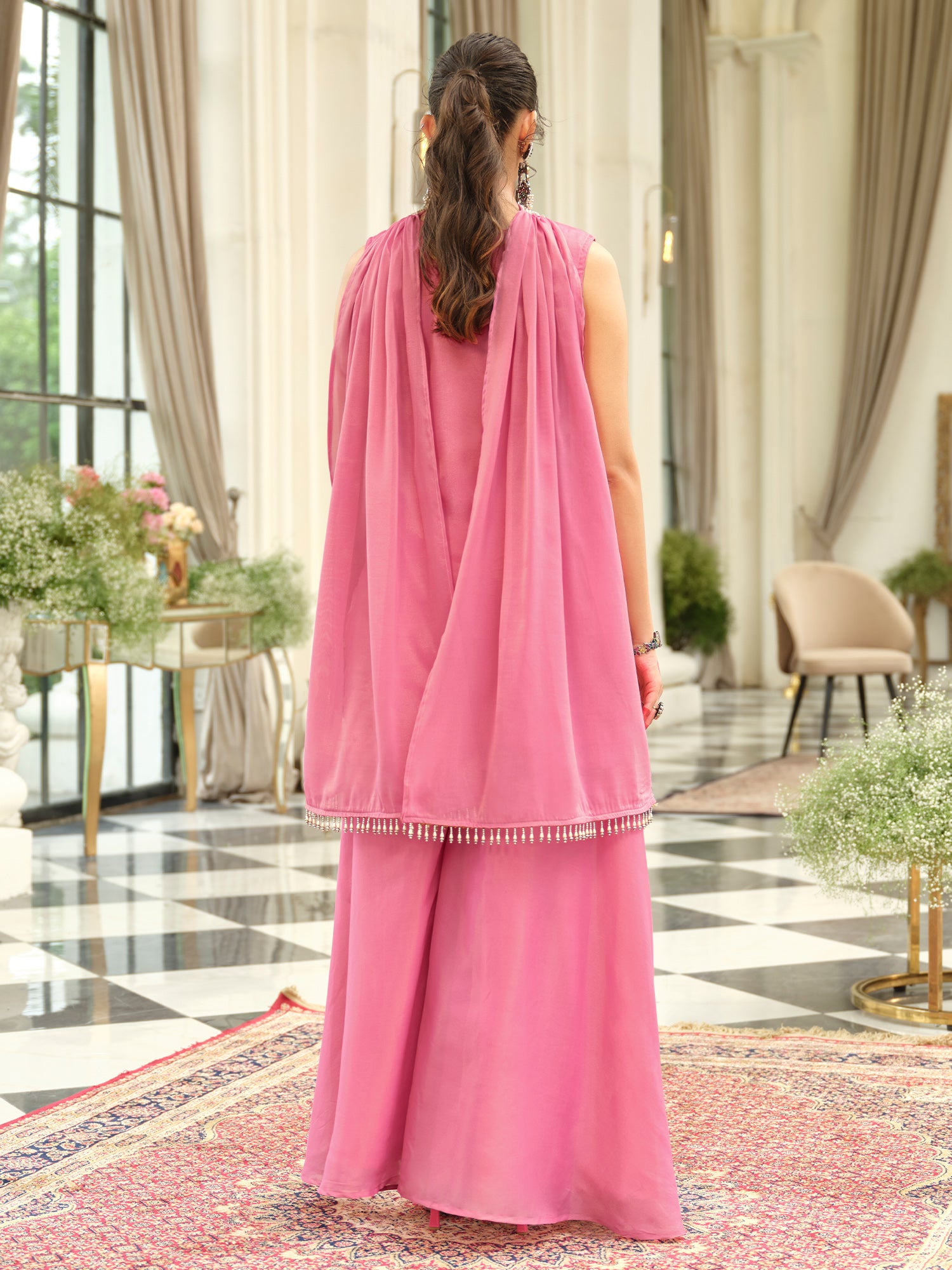 Pink Embroidered Silk Blend Straight Kurta Palazzos With Dupatta