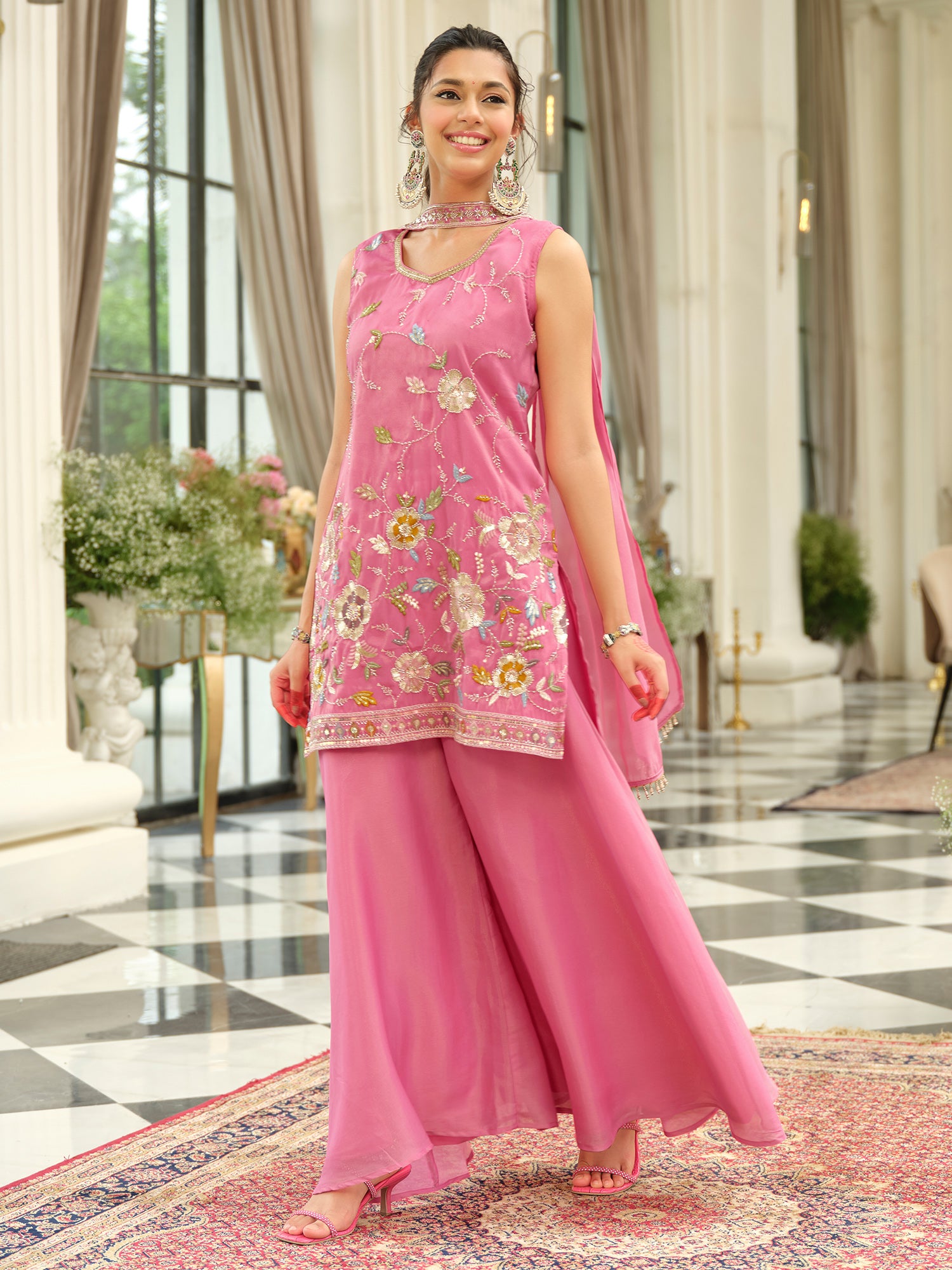 Pink Embroidered Silk Blend Straight Kurta Palazzos With Dupatta