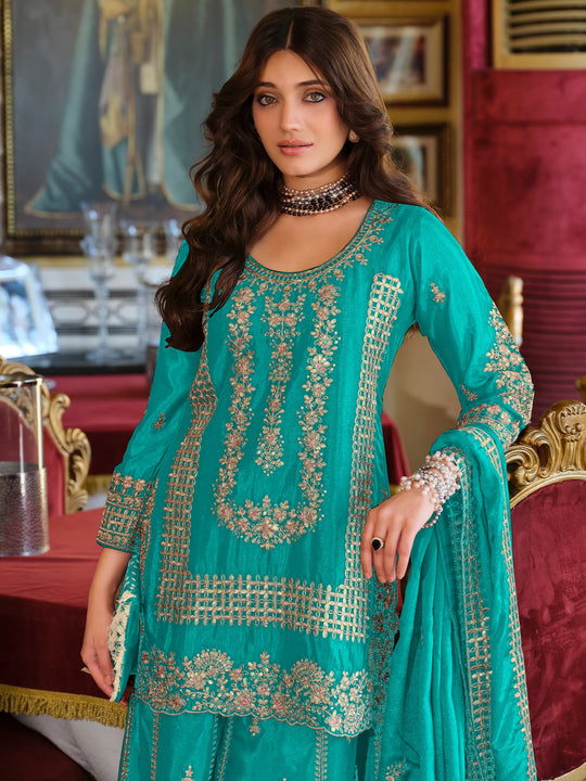 Teal Embroidered Chinon Straight Kurta Palazzos With Dupatta