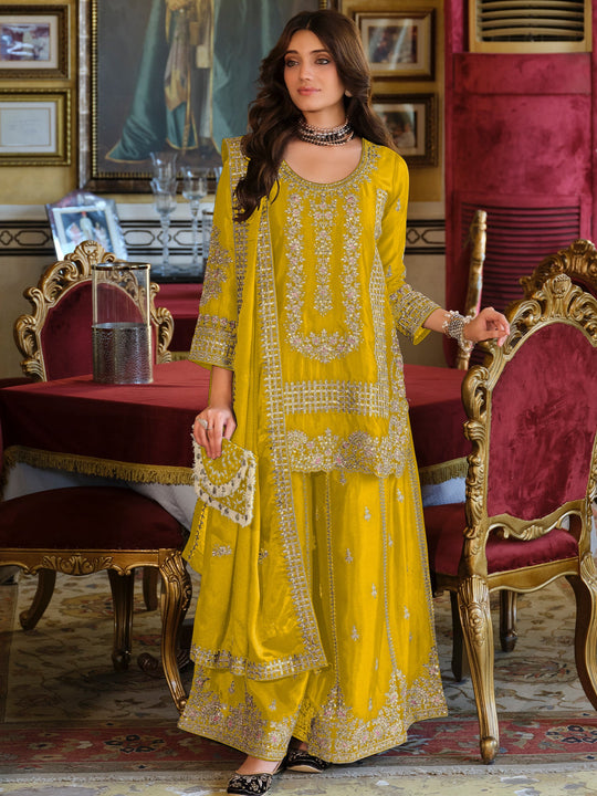 Yellow Embroidered Chinon Straight Kurta Palazzos With Dupatta