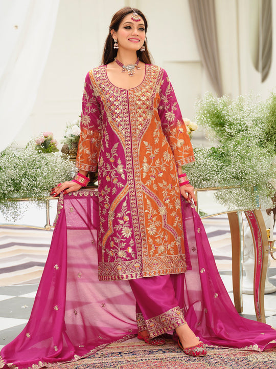 Multi Embroidered Chinon Straight Kurta Palazzos With Dupatta