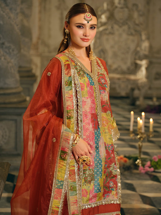 Indo Era Rust Printed A-Line Kurta Palazzos With Dupatta set