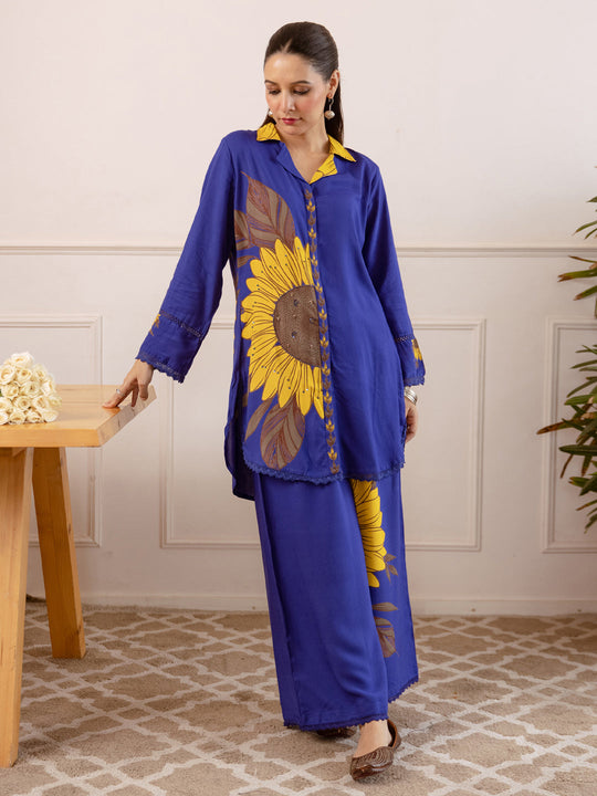 Blue Printed Viscose Rayon Straight Kurta Palazzo Set