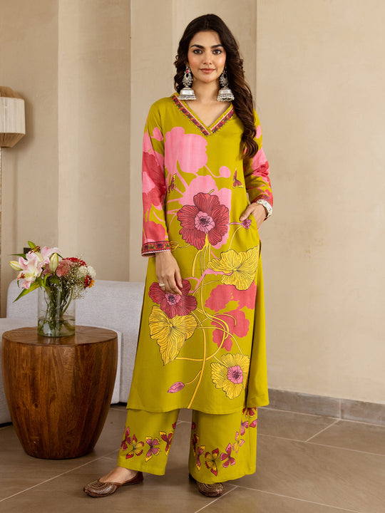 Green Printed Viscose Rayon A-Line Kurta Palazzo Set