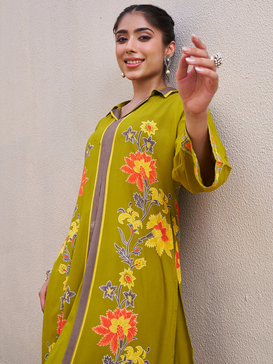 Green Printed Viscose Rayon A-Line Kurta Palazzo Set