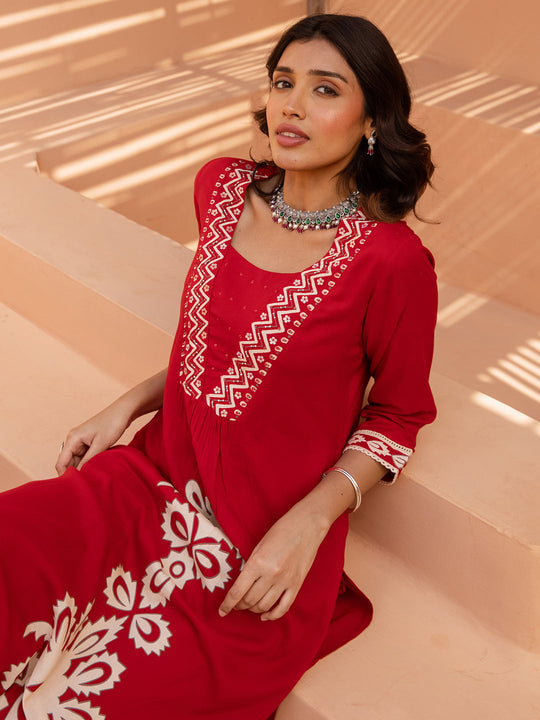 Red Printed Viscose Rayon A-Line Kurta Palazzo Set