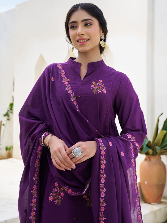 Purple Embroidered Pure Cotton A-Line Kurta Sets With Dupatta