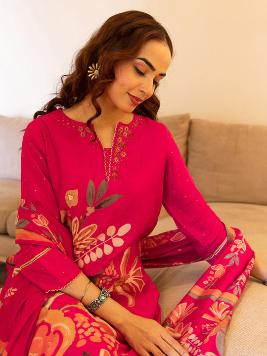 Pink Printed Silk Blend Straight Kurta Palazzos With Dupatta