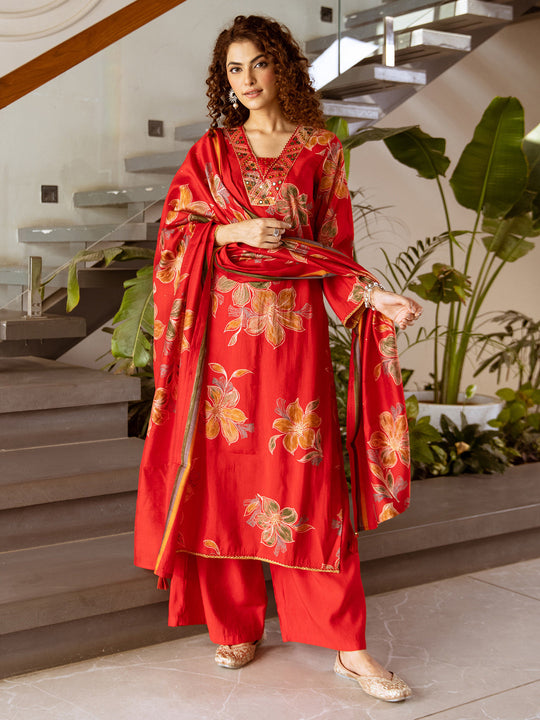 Red Printed Silk Blend Straight Kurta Palazzos With Dupatta