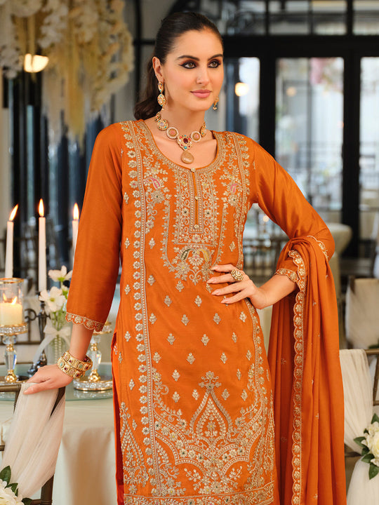 Indo Era Orange Embroidered Straight Kurta Palazzo With Dupatta set