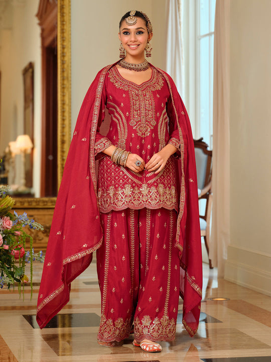Indo Era Red Embroidered Straight Kurta Palazzo With Dupatta set