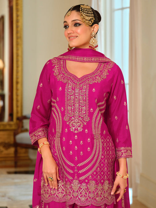 Indo Era Pink Embroidered Straight Kurta Palazzo With Dupatta set