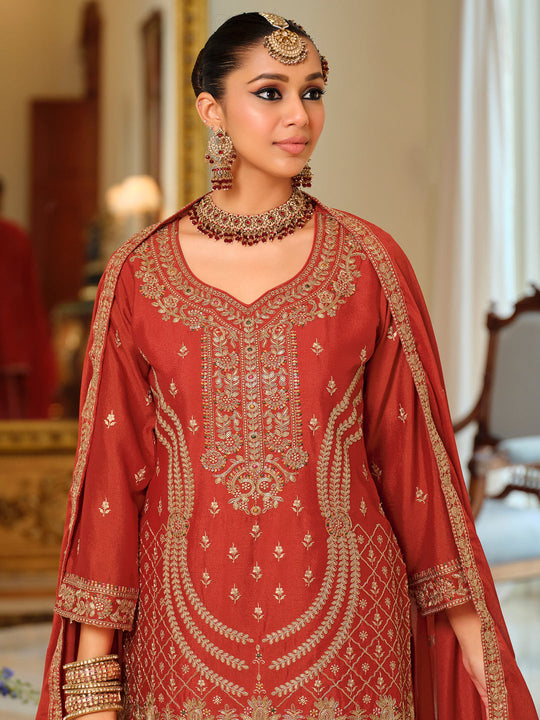 Indo Era Rust Embroidered Straight Kurta Palazzo With Dupatta set