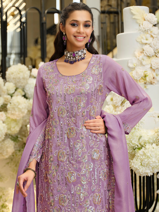 Indo Era Lavender Embroidered Straight Kurta Palazzos With Dupatta Set