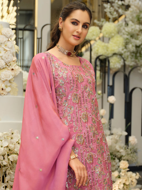 Indo Era Pink Embroidered Straight Kurta Palazzos With Dupatta Set