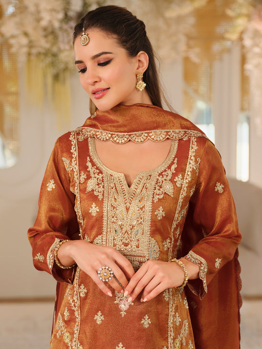 Indo Era Rust Embroidered A-Line Kurta Palazzos With Dupatta Set