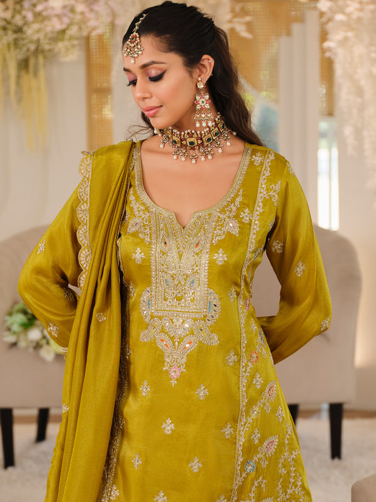 Indo Era Mustard Embroidered A-Line Kurta Palazzos With Dupatta Set