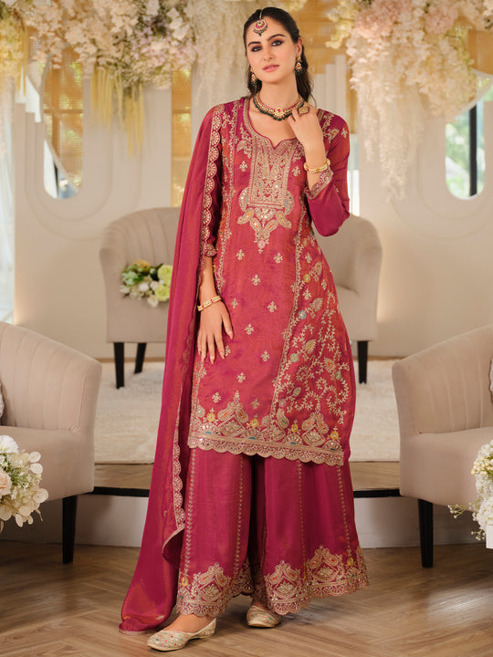 Indo Era Pink Embroidered A-Line Kurta Palazzos With Dupatta Set