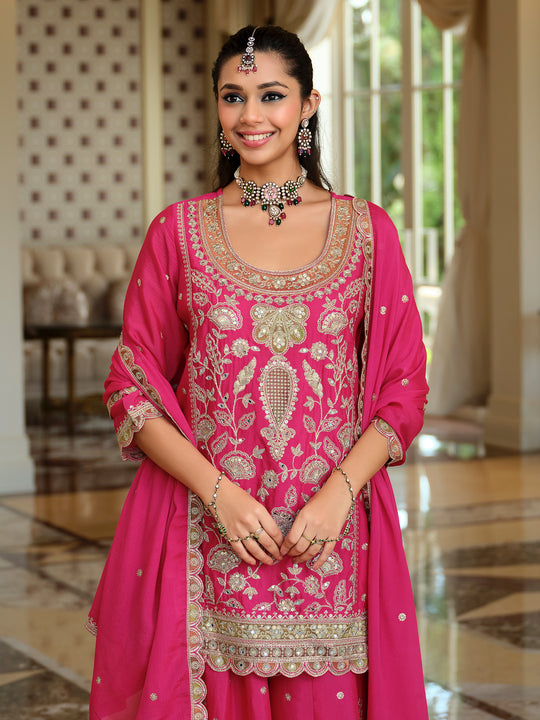 Indo Era Pink Embroidered Straight Kurta Palazzos With Dupatta Set