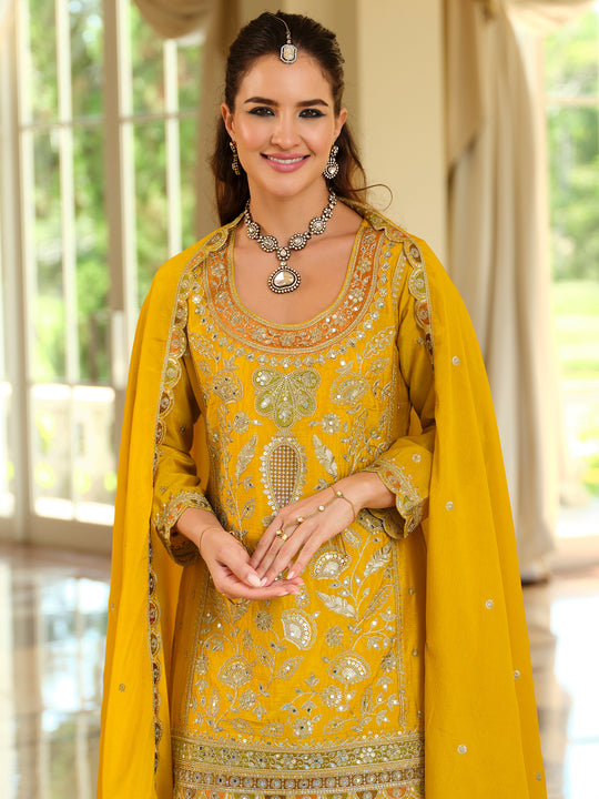 Indo Era Yellow Embroidered Straight Kurta Palazzos With Dupatta Set