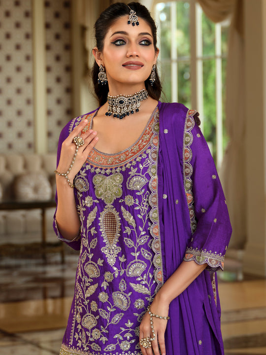 Indo Era Purple Embroidered Straight Kurta Palazzos With Dupatta Set
