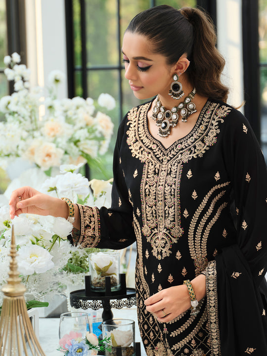 Indo Era Black Embroidered Straight Kurta Palazzos With Dupatta Set