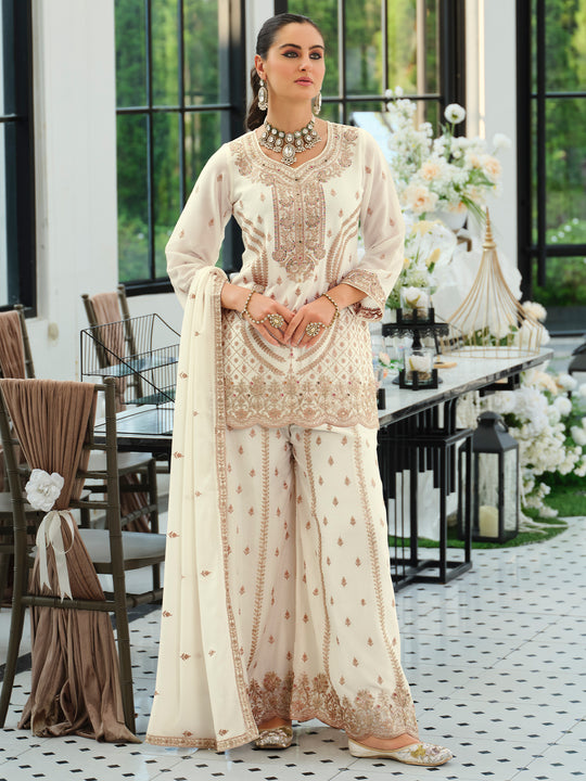 Indo Era White Embroidered Straight Kurta Palazzos With Dupatta Set