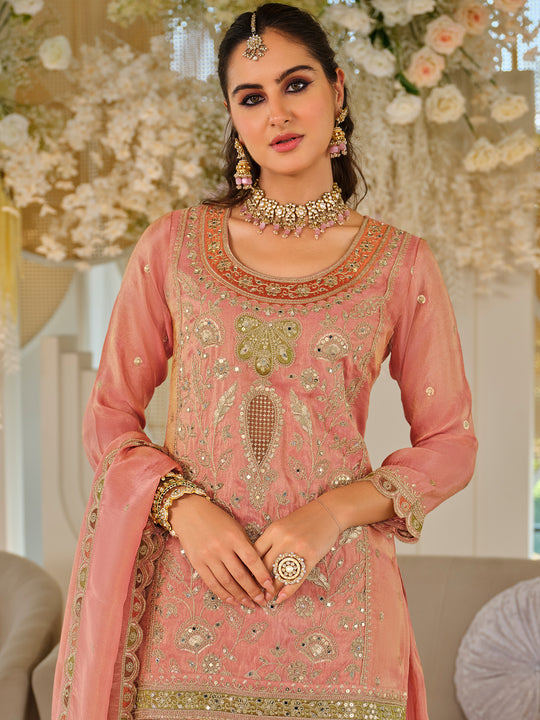 Indo Era Peach Embroidered Straight Kurta Palazzos With Dupatta Set